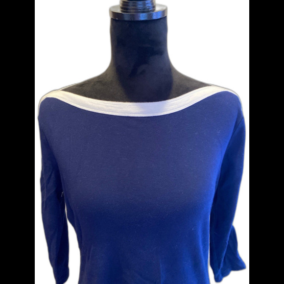 Chaps Blouse Size Large(measures  Med) Top Boat Neck Navy White Lacing on Cuffs - Picture 2 of 10